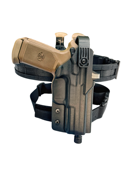 Optics ready, light compatible duty holster, mag pouches and battle belt package. Everything you need for competitive shooting.