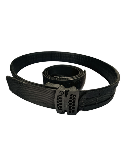 Black 1.75" Kore Essentials Battle Belt with micro-adjustable buckle and inner Velcro liner belt shown.