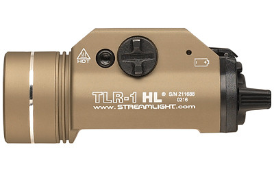 Streamlight TLR-1 HL FDE tactical light, 1000-lumen rail-mounted flashlight for gun, durable and waterproof weapon light.