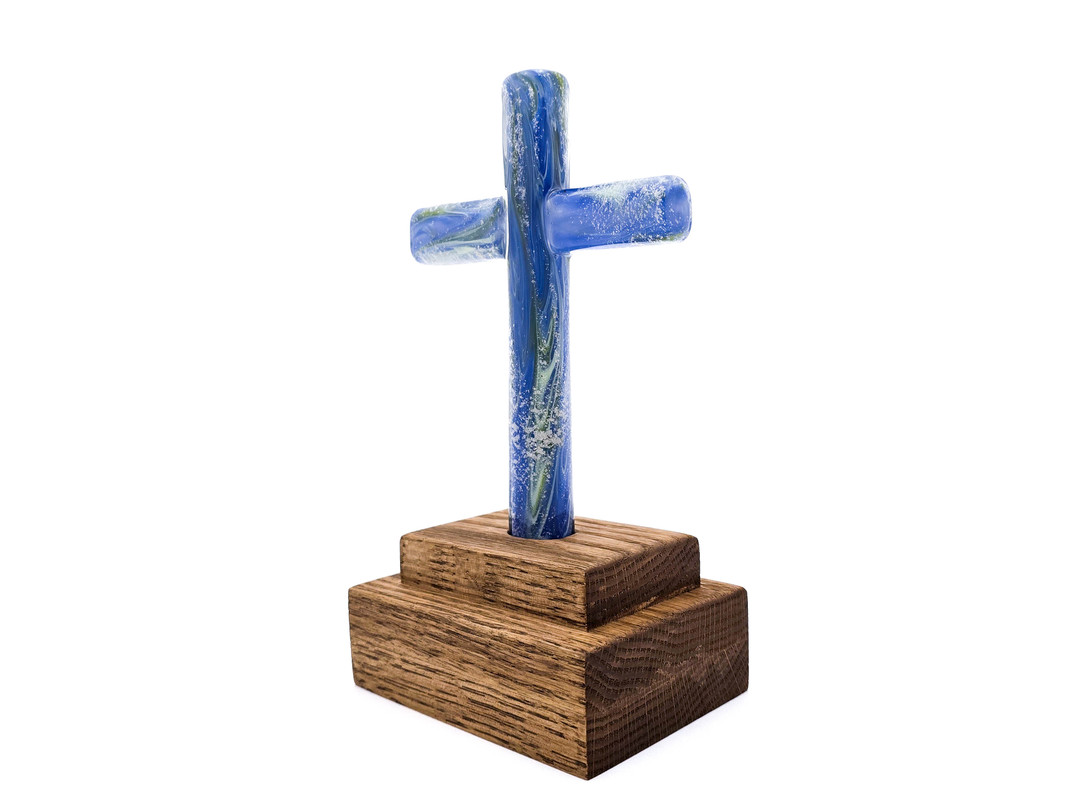 Cremation Glass Cross and Oak Stand