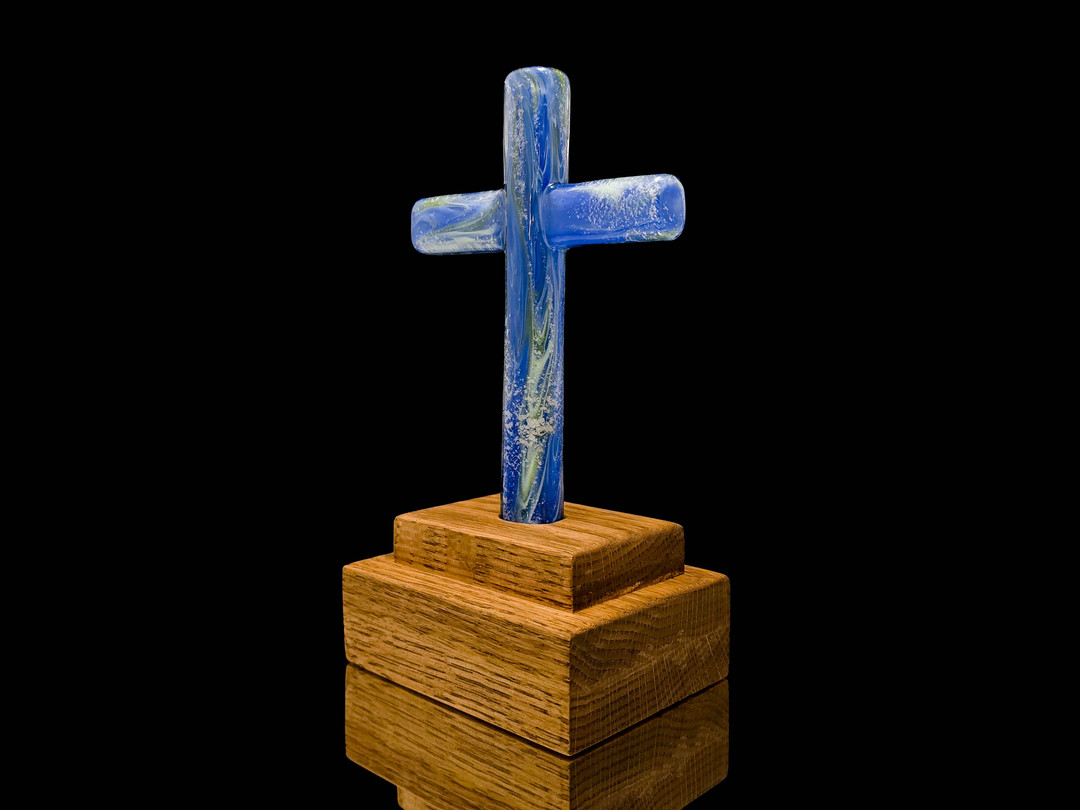 Cremation Glass Cross and Oak Stand