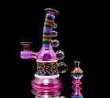 Water Pipe Bong - UV Reactive Magenta Line Work Mini Tube w/ Carb Cap & Pelican Case by Kevin Murray Glass #1064