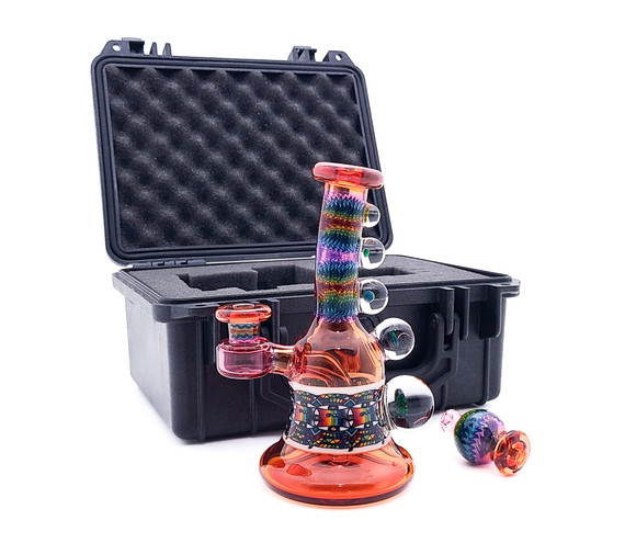 Water Pipe Bong - UV Reactive Red Line Work Mini Tube w/ Carb Cap & Pelican Case by Kevin Murray Glass #1063