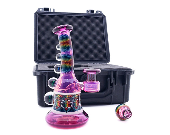 Water Pipe Bong - Magenta Line Work Mini Tube w/ Carb Cap & Pelican Case by Kevin Murray Glass #1064