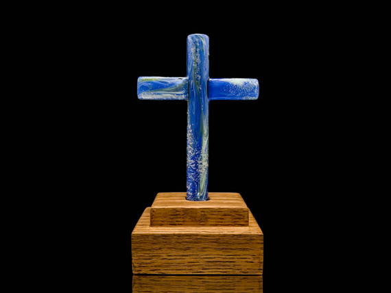 Cremation Glass Cross and Oak Stand