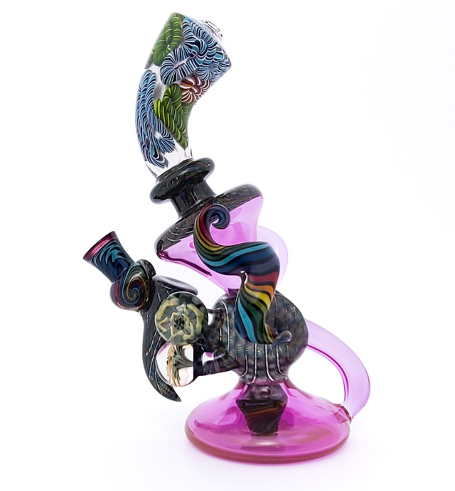 Water Pipe Bong - Moving Forward Recycler Rainbow with Gold Fumed Pink and Inside Out by Steve K #25