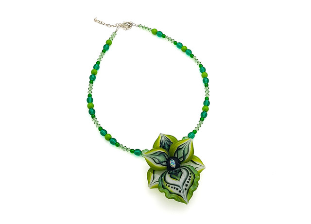 Glass Jewelry - Green Flower Necklace by Blossom Glass #149