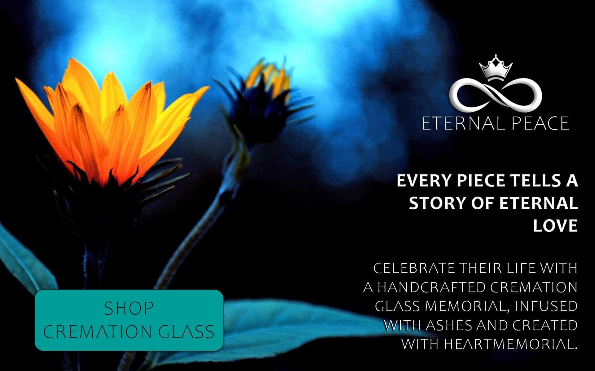 Cremation glass flower art with Eternal Peace logo and tagline 'Every piece tells a story'