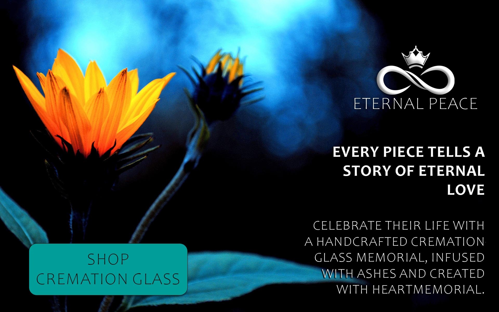 Cremation glass flower art with Eternal Peace logo and tagline 'Every piece tells a story'