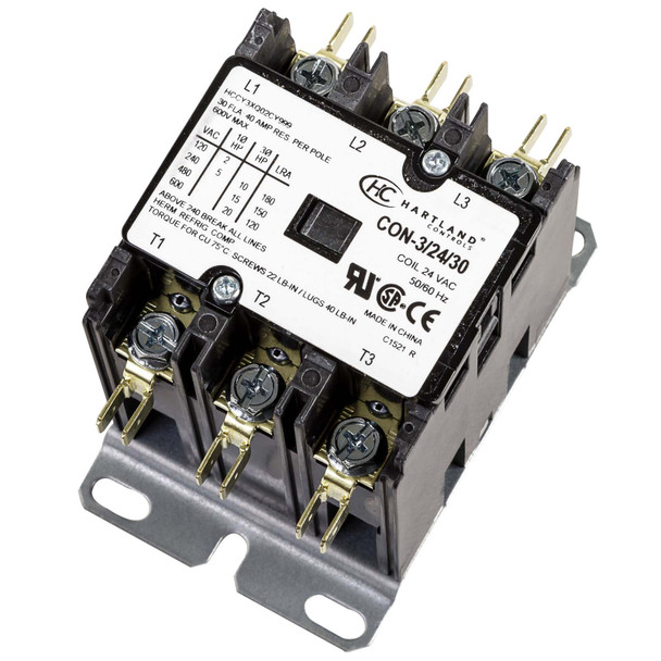 Hartland Controls CON-3/24/30 Electrical, Contactor, 24Vac 50/60Hz Coil Voltage, 3 Pole, 30 Amps