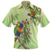 Indigenous Australian Aboriginal Zip Polo Shirt Rainbow Lorikeets Native Leaves Floral