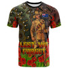Australia Anzac T-shirt - Anzac Soldier with Remembrance Poppy and Indigenous Patterns T-shirt