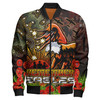 Manly Warringah Sea Eagles Bomber Jacket - Anzac Manly Warringah Sea Eagles with Remembrance Poppy and Indigenous Patterns Bomber Jacket