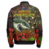 Cronulla-Sutherland Sharks Bomber Jacket - Custom Anzac Cronulla-Sutherland Sharks with Remembrance Poppy and Indigenous Patterns Bomber Jacket