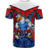 Roosters Rugby T-Shirt - Custom Rooster With Rugby Ball Aboriginal Dot Painting Personalised Player And Number T-Shirt