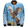 Australia Kookaburra Bomber Jacket - Flying Kookaburra with Blue Sky Bomber Jacket Australia Kookaburra Bomber Jacket - Flying Kookaburra with Blue Sky Bomber Jacket