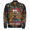 Wests Tigers Christmas Custom Bomber Jacket - Merry Christmas Our Beloved Team With Aboriginal Dot Art Pattern Bomber Jacket