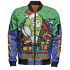 Canberra Raiders Christmas Custom Bomber Jacket - Merry Christmas Our Beloved Team With Aboriginal Dot Art Pattern Bomber Jacket