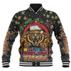 Wests Tigers Christmas Custom Baseball Jacket - Merry Christmas Our Beloved Team With Aboriginal Dot Art Pattern Baseball Jacket