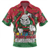 South Sydney Rabbitohs Custom Zip Polo Shirt - Merry Christmas Our Beloved Team With Aboriginal Dot Art Pattern Zip Polo Shirt