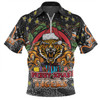 Wests Tigers Christmas Custom Zip Polo Shirt - Merry Christmas Our Beloved Team With Aboriginal Dot Art Pattern Zip Polo Shirt