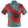Australia Flowers Aboriginal Zip Polo Shirt - Aboriginal Dot Art Of Australian Poppy Flower Painting Zip Polo Shirt