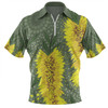 Australia Aboriginal Zip Polo Shirt - Yellow Bottle Brush Flora In Aboriginal Painting Zip Polo Shirt