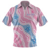 Australia Turtles Aboriginal Custom Zip Polo Shirt - Dreamtime River And Turtles Dot Art Painting Pink Zip Polo Shirt