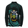 Australia South Sea Islanders Long Sleeve Polo Shirt - Solomon Islands Turquoise Tribal Wave Pattern Long Sleeve Polo Shirt