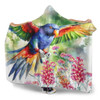 Australia Rainbow Lorikeets Hooded Blanket - Rainbow Lorikeets Flying With Grevillea Flowers Art Hooded Blanket