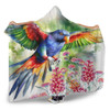 Australia Rainbow Lorikeets Hooded Blanket - Rainbow Lorikeets Flying With Grevillea Flowers Art Hooded Blanket