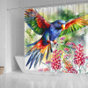 Australia Rainbow Lorikeets Shower Curtain - Rainbow Lorikeets Flying With Grevillea Flowers Art Shower Curtain