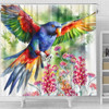 Australia Rainbow Lorikeets Shower Curtain - Rainbow Lorikeets Flying With Grevillea Flowers Art Shower Curtain