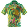 Australia Aboriginal Zip Polo Shirt - Brolga Bird Dancing With Australia Native Flowers V2 Zip Polo Shirt