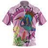 Australia Aboriginal Zip Polo Shirt - Brolga Bird Dancing With Australia Native Flowers Zip Polo Shirt