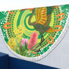 Australia Aboriginal Beach Blanket - Brolga Bird Dancing With Australia Native Flowers V2 Beach Blanket