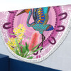 Australia Aboriginal Beach Blanket - Brolga Bird Dancing With Australia Native Flowers Beach Blanket