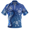 Australia Turtles Aboriginal Zip Polo Shirt - Indigenous Dot Turtles In The Ocean (Blue) Zip Polo Shirt