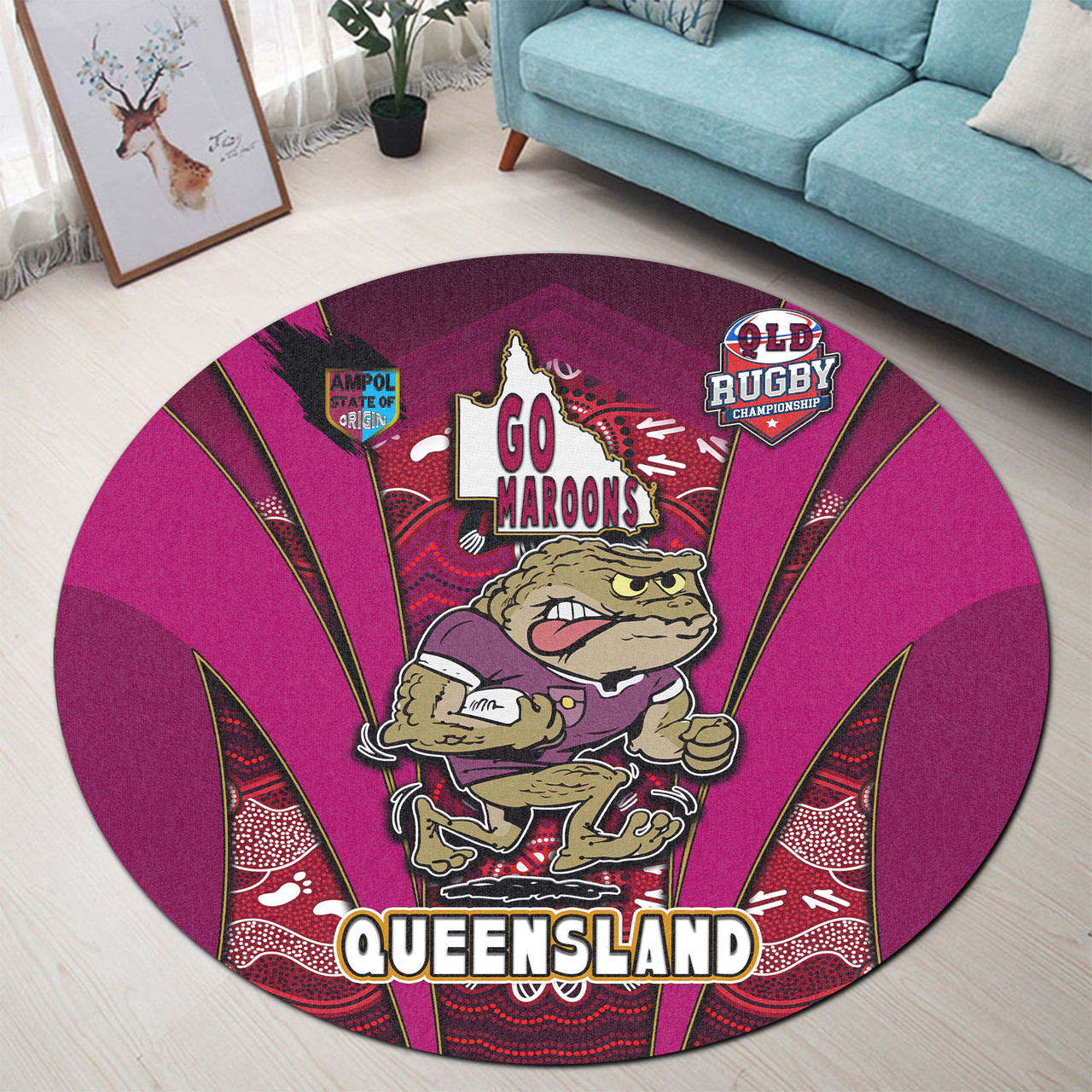Queensland Team Round Rug Queensland Maroons Mascot With Aboriginal Art Round Rug