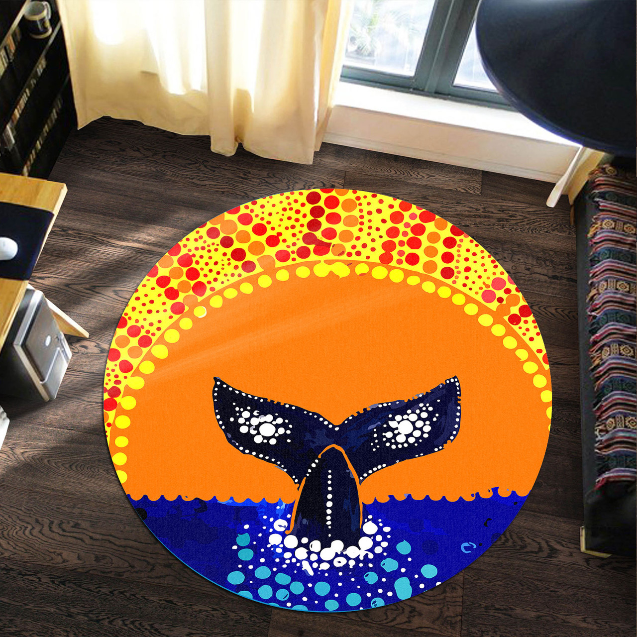Australia Aboriginal Round Rug - Aboriginal Whale tail under a bright  arctic sun Round Rug