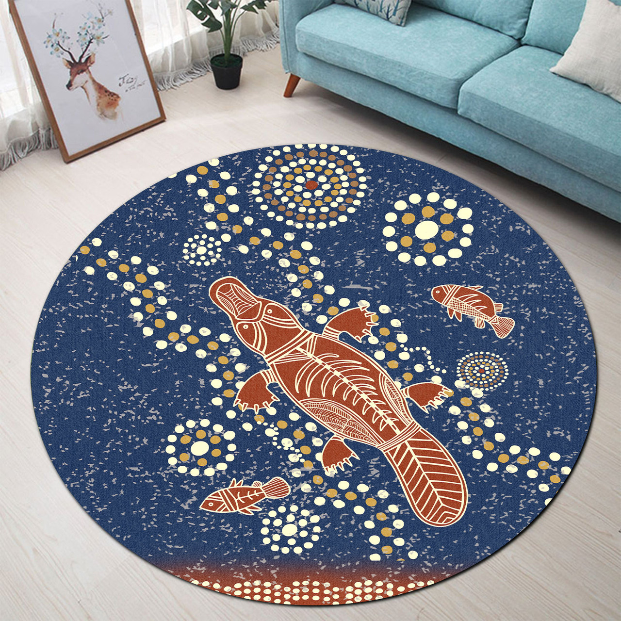 Australia Aboriginal Round Rug - Platypus And Fish Patterns Round Rug