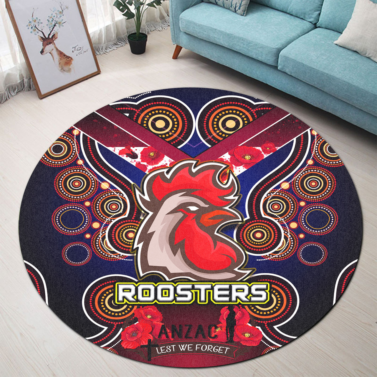Australia East of Sydney Round Rug Aboriginal Inspired Rooster Anzac