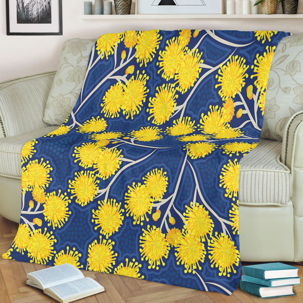 Australia Flowers Aboriginal Blanket - Yellow Wattle Flowers With ...
