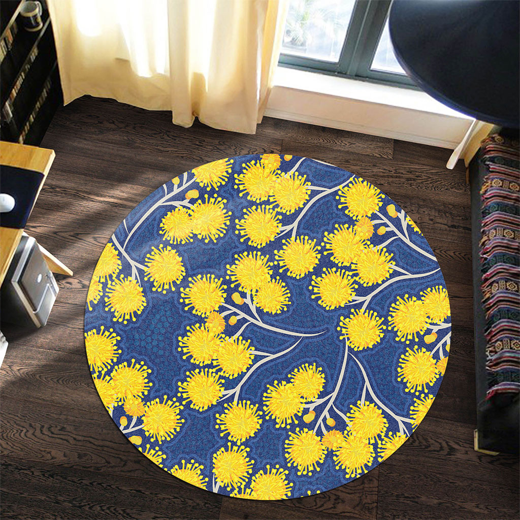 Australia Flowers Aboriginal Round Rug - Yellow Wattle Flowers With ...