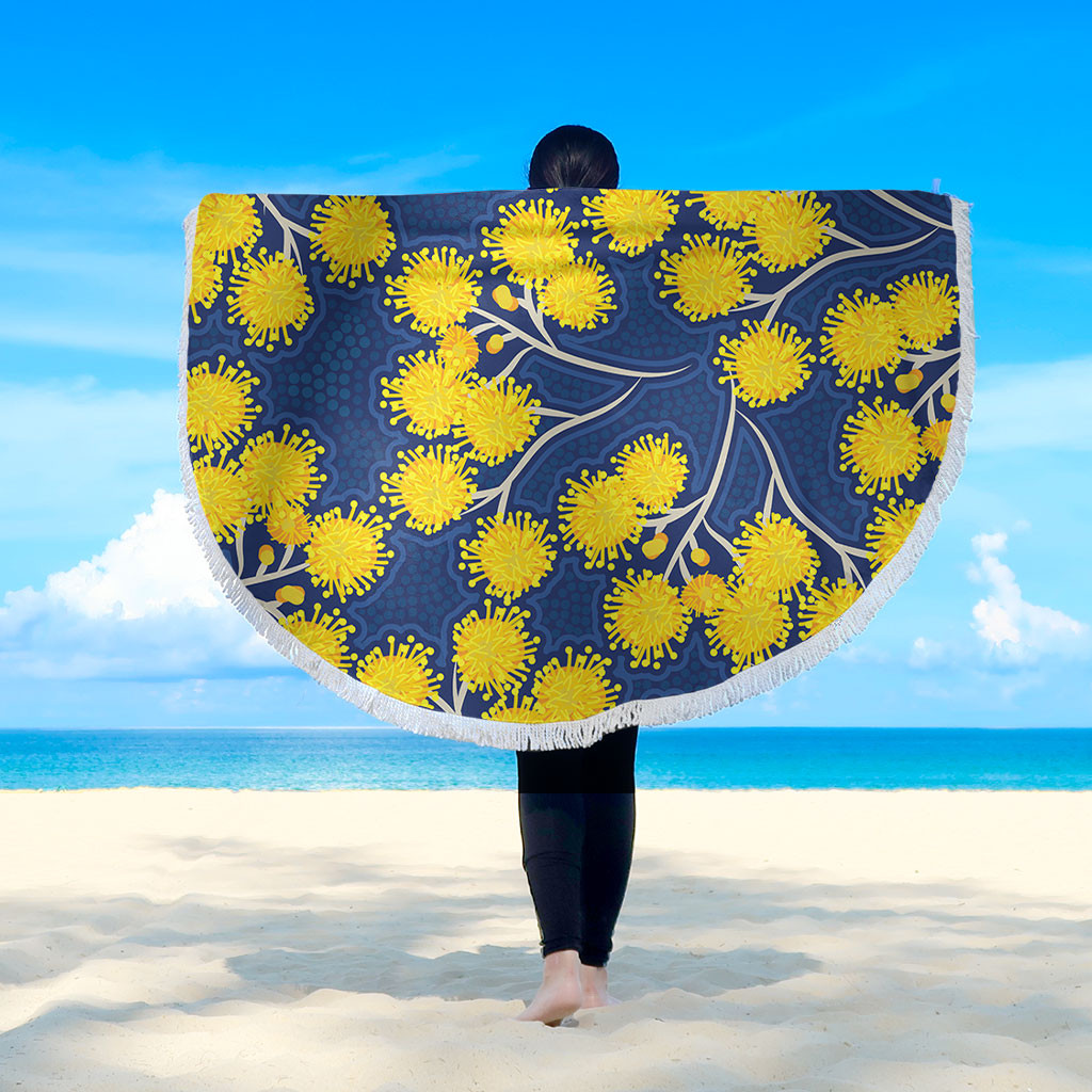 Australia Flowers Aboriginal Beach Blanket - Yellow Wattle Flowers With ...