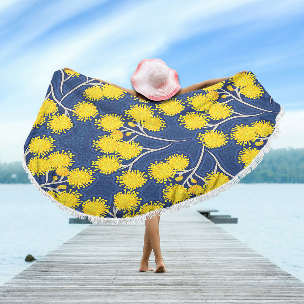 Australia Flowers Aboriginal Beach Blanket - Yellow Wattle Flowers With ...