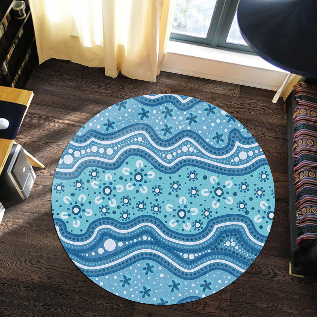 Australia Round Rug Traditional Aboriginal Dot Patterns Blue Background