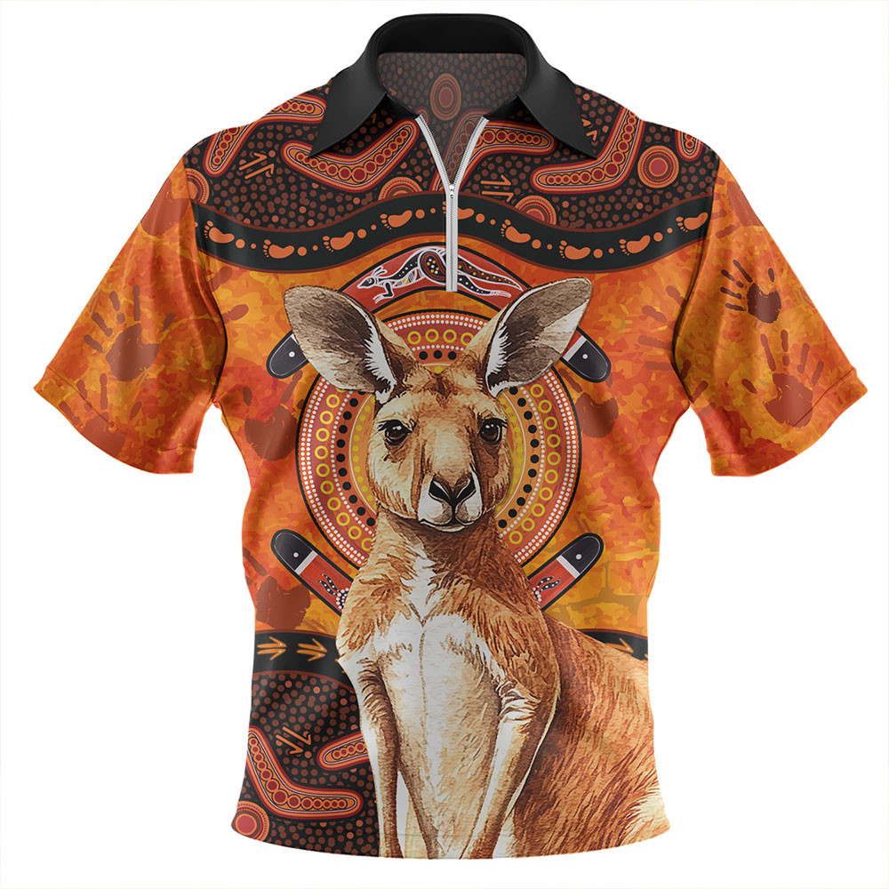 Indigenous Australian Aboriginal Zip Polo Shirt Kangaroo Spirit Dreaming