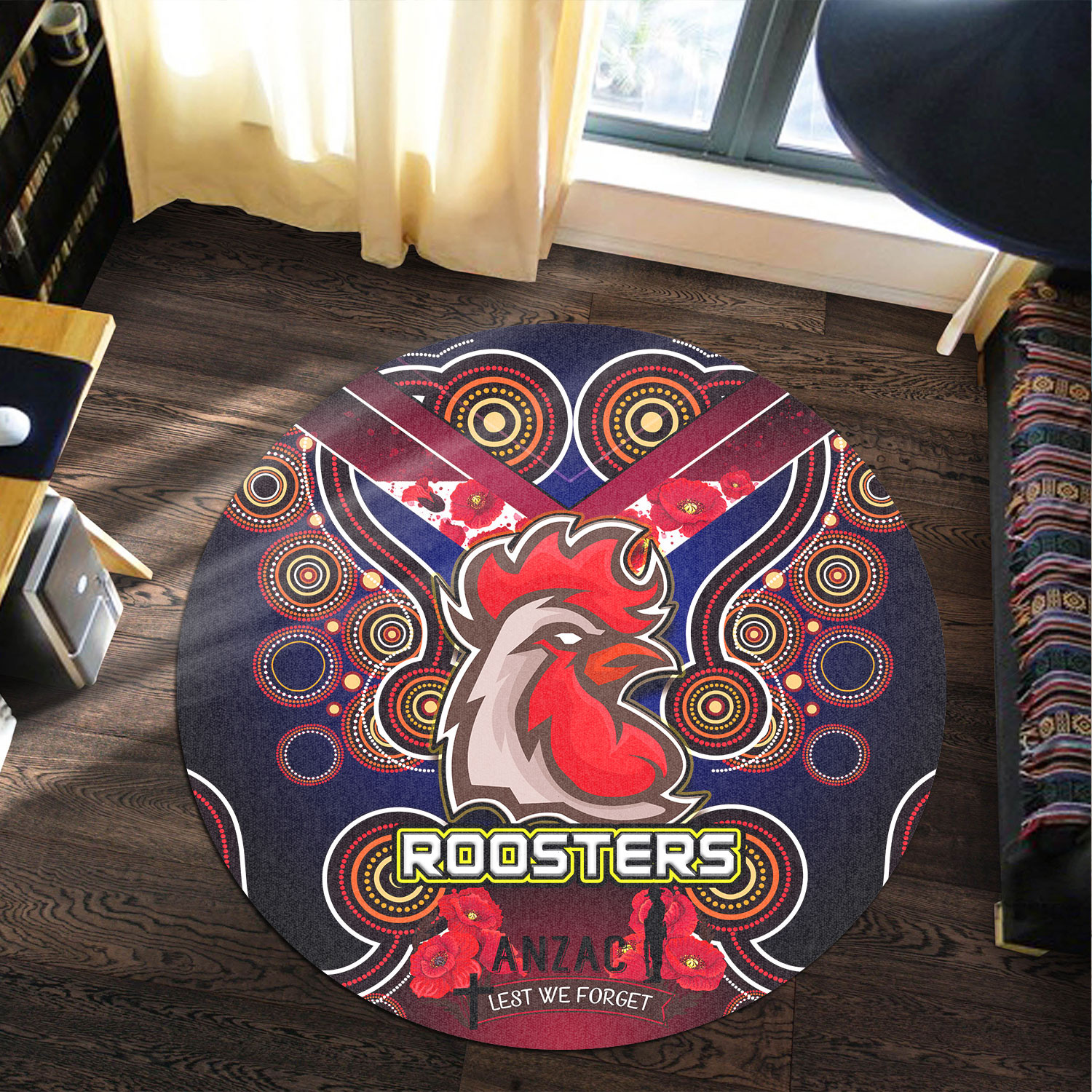 Australia East of Sydney Round Rug Aboriginal Inspired Rooster Anzac
