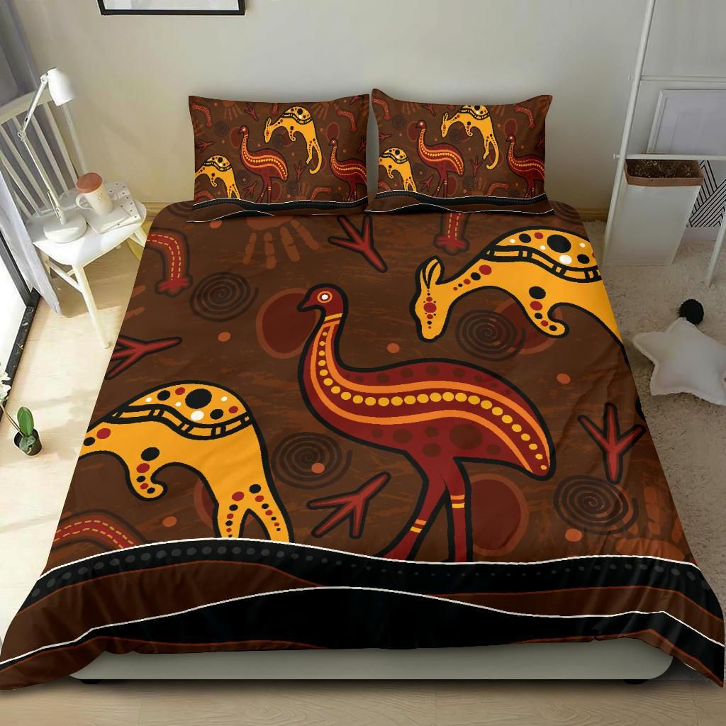 Australia Aboriginal Bedding Set Indigenous Kangaroo and Emu Brown Color